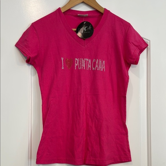 NWT I ❤️ PUNTACANA BEDAZZLED SHORT SLEEVE V-NECK TEE SIZE MEDIUM - Picture 1 of 5